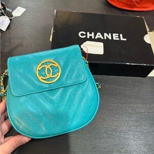 Rare Vintage Chanel Turquoise Leather Crossbody Bag